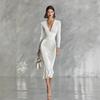 White Deep V-Neck Slim Fit Midi Dress with Ruched Waist and Long Sleeves for Banquets and Parties