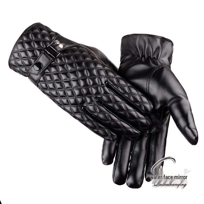 Men's Black Leather Touchscreen Gloves for Riding - Fleece-Lined, Warm, Thin, for Autumn and Winter.