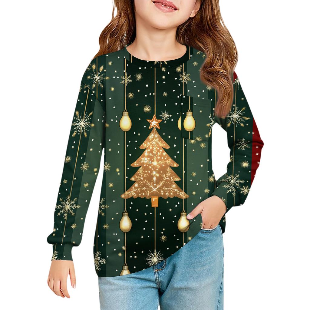 Christmas Day Girls' Long Sleeve Blouse - Round Neck Soft Waist Tunic