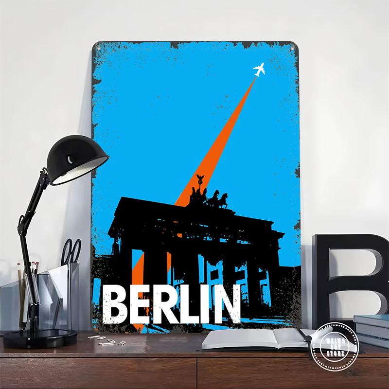 Berlin Travel With Airplane Poster Customized Wall Art Vintage Metal Signs Retro Tin Plaque for Man Cave Decoration Home Decor
