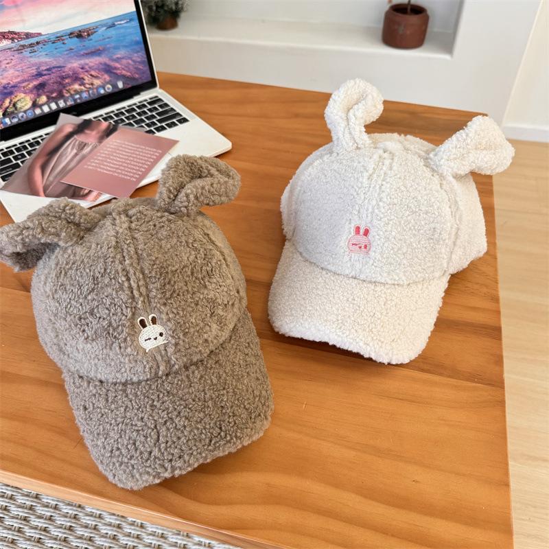 Cute Rabbit Ears Baseball Cap Women's Autumn and Winter Warm Lamb Wool Cap Showing Face Small Cartoon Plush Hat
