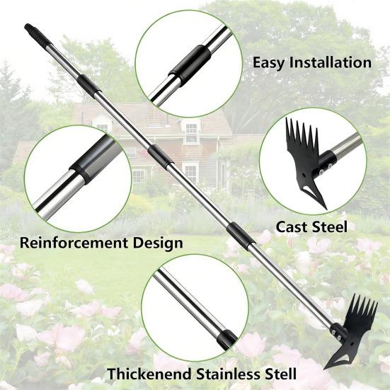 2-in-1 Weed Puller with Long Handle Adjustable Manual Weeder Hand Weed Rake And Heavy Duty Garden Hoe with Gloves