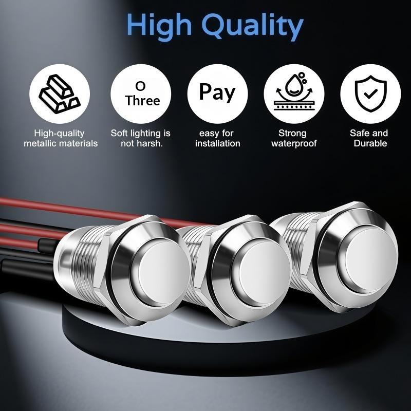 1Pc/5Pcs 12Mm Round Head Momentary Push Button Switch Stainless Steel 1No Normally Open With Pre Soldered Cable For Car Boat