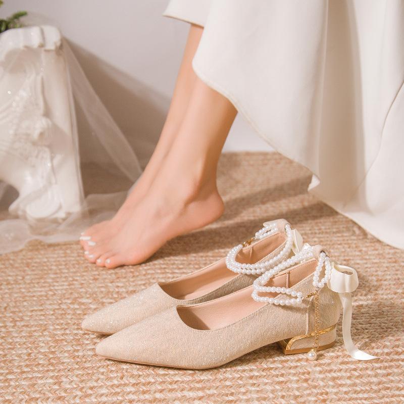 French Pointed Bridesmaid Shoes Thick Heel Wedding Shoes Female Bride High Heel Mary Jane Autumn Evening Breeze Gentle Single Shoes