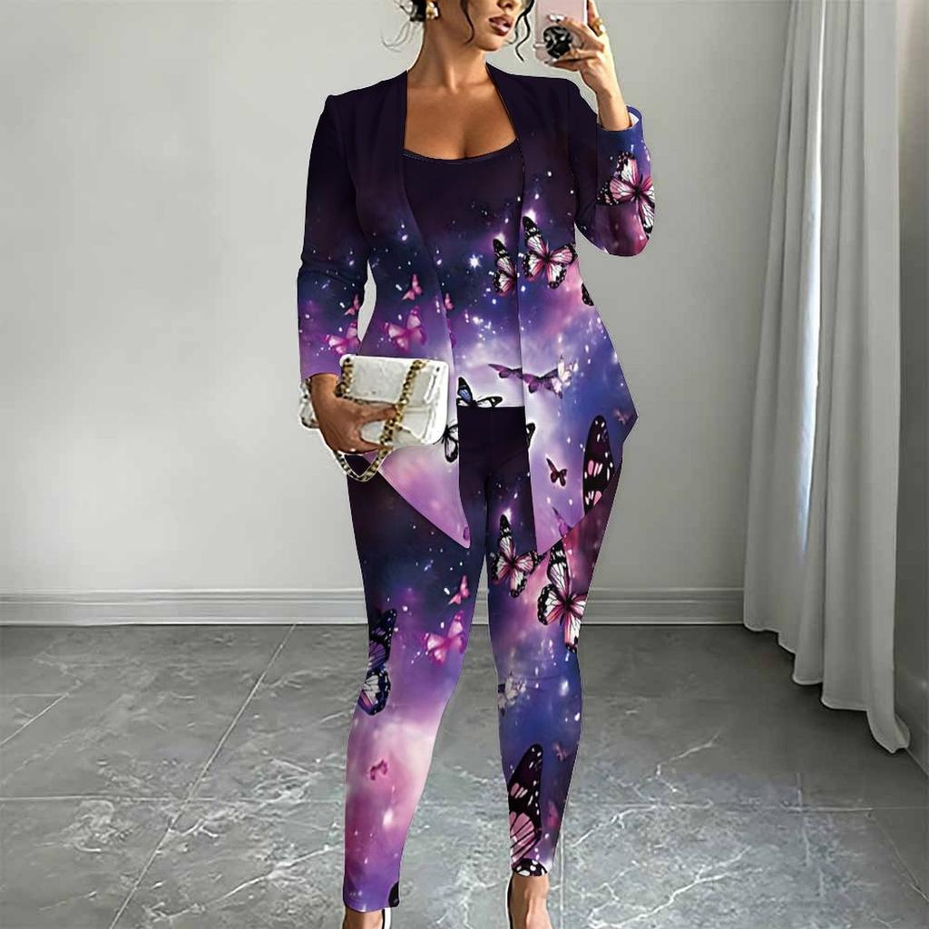 Plus Size Sommerfuglprint 3-delt Antrekk, Langermet Åpen Cardigan, Topp og Leggings Sett for Kvinner