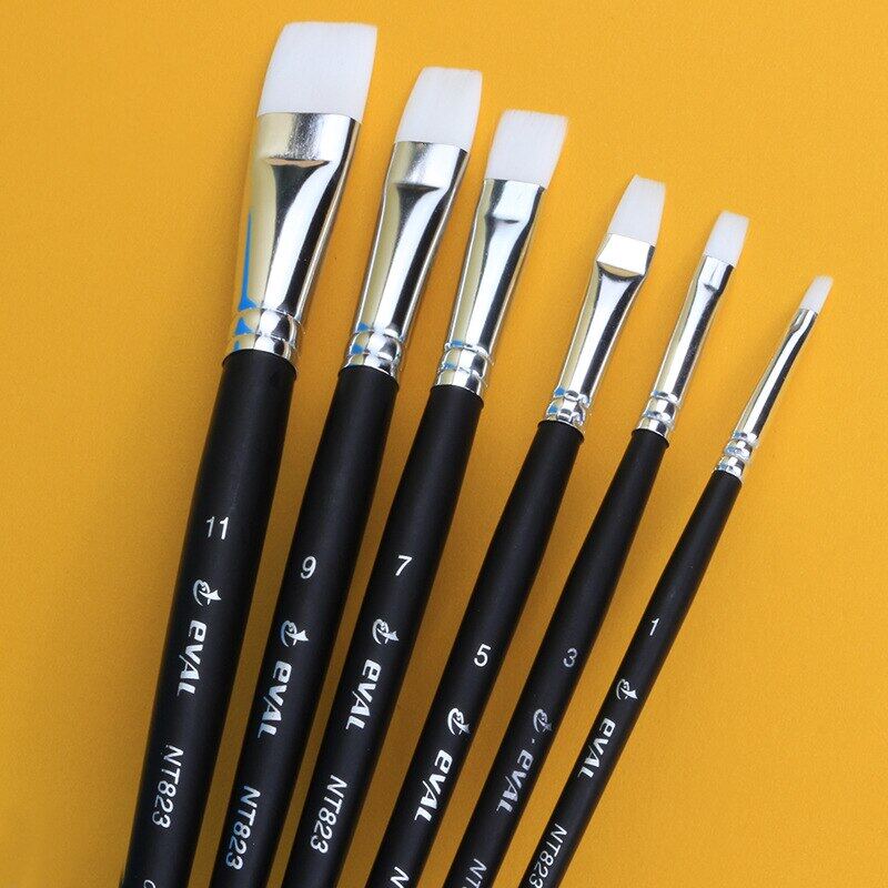 JOWOART Black Short Rod White Nylon Hair Flat Head 6 Pcs Paint Brush Gouache Watercolor Acrylic Oil Painting Set Art Tools Supplies