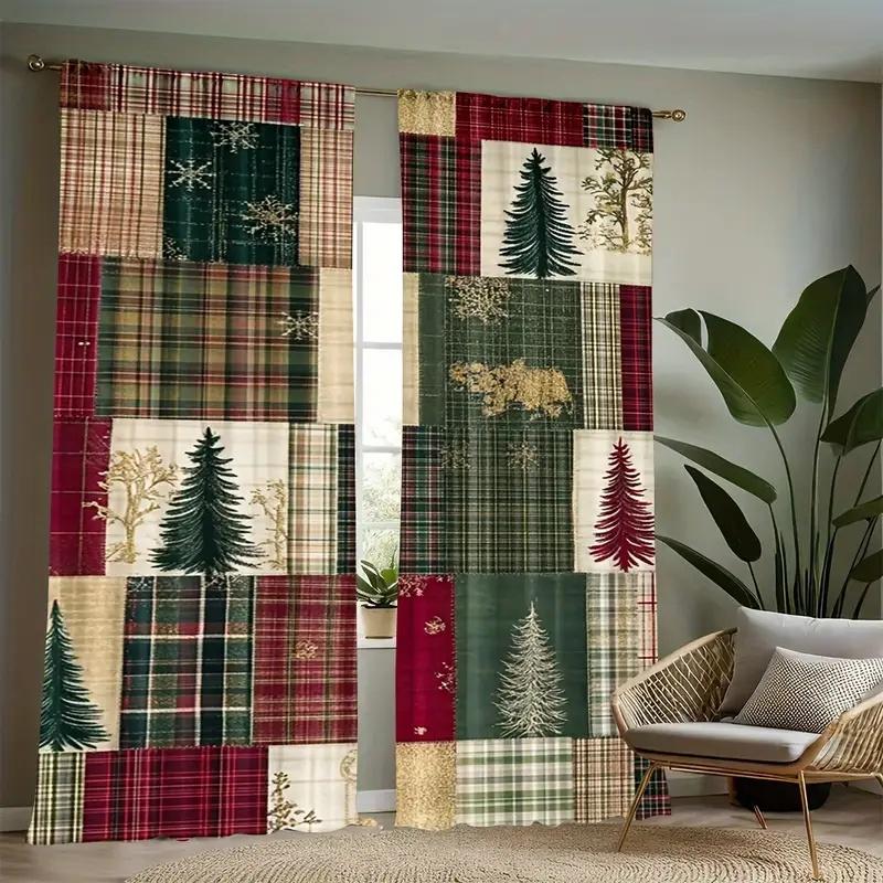 Weihnachtsdekoration-2 Stück-Weihnachtliche karierte Vorhänge, geeignet für Schlafzimmer, Wohnzimmer, Heimdekoration, Fensterdekoration