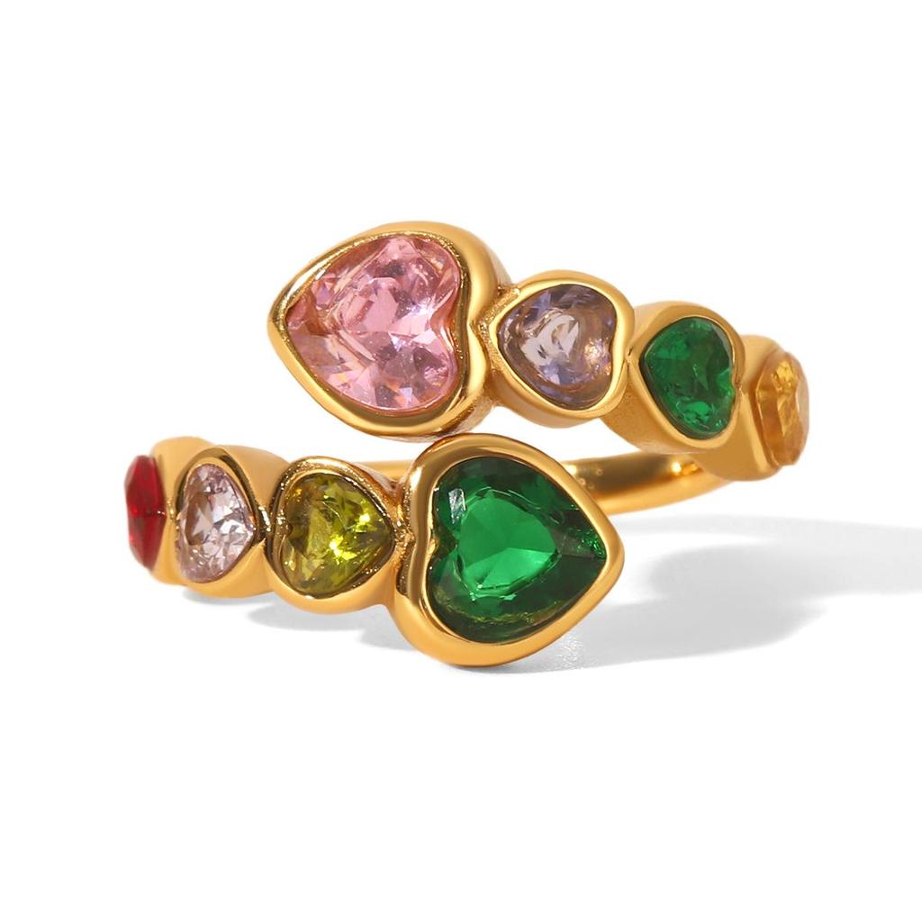 Exclusive Heart-Shaped Zircon Titanium Steel Open Ring for Women - European & American High-End, Non-Fading