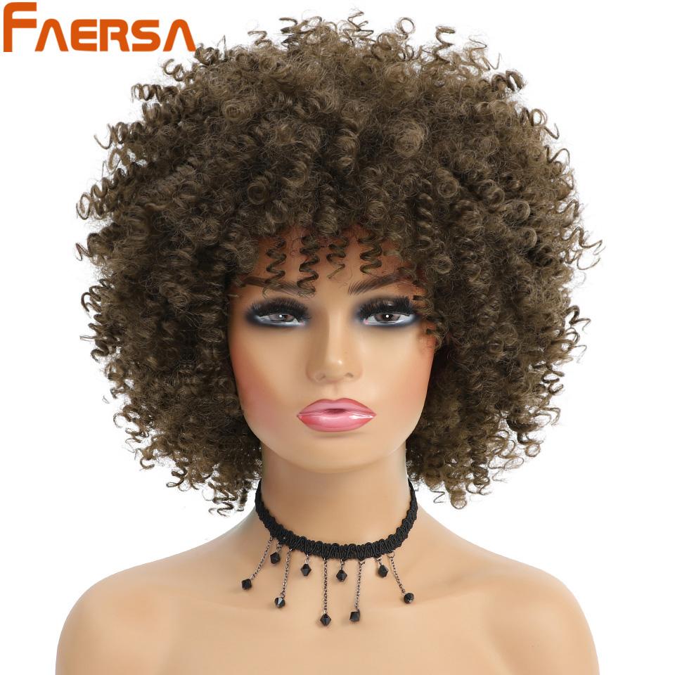 Short Hair Afro Kinky Curly Wig With Bangs African Synthetic Wigs For Black Women Ombre Natural High Temperature Black Brown