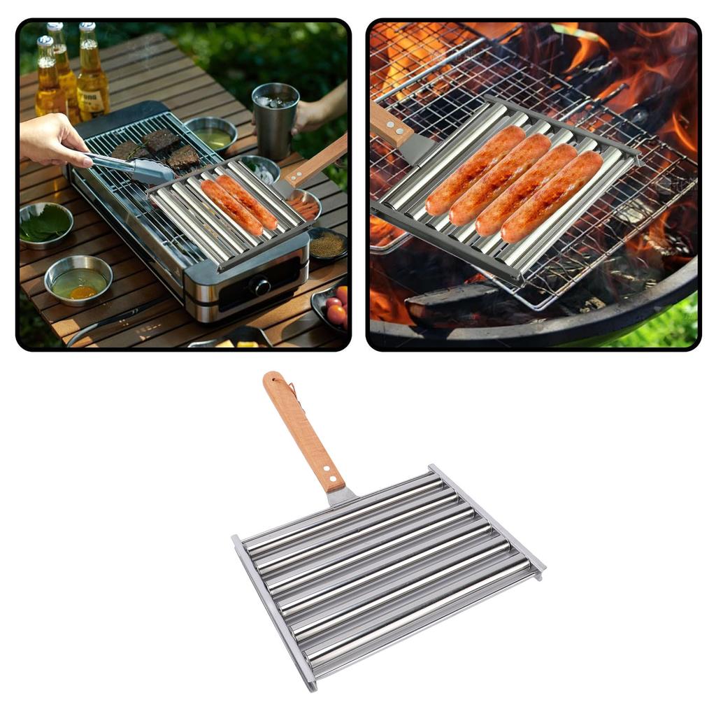 Hot-Dog-Rolle Wurstständer mit Holzgriff Edelstahl BBQ Hot-Dog-Griller für gleichmäßig gegarte Würstchen 5 Kapazität