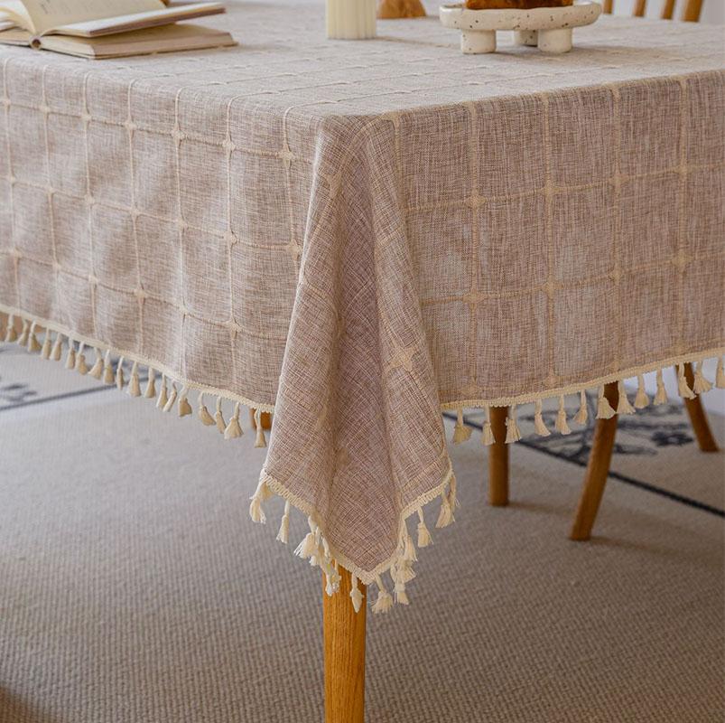 Baumwolle Leinen Quadratische Stickerei Quaste Tischdecke Staubdicht Kariert Tischdecke Für Weihnachten Küche Esszimmer Tischplatte Deko