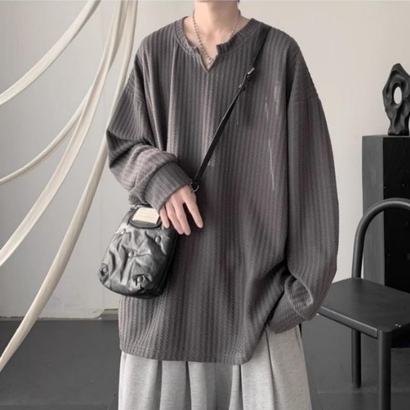 Spring Autumn V-neck Solid Color Casual Fashion Pullover Tee Male Long Sleeve All-match Bottomed T-shirt Top Men