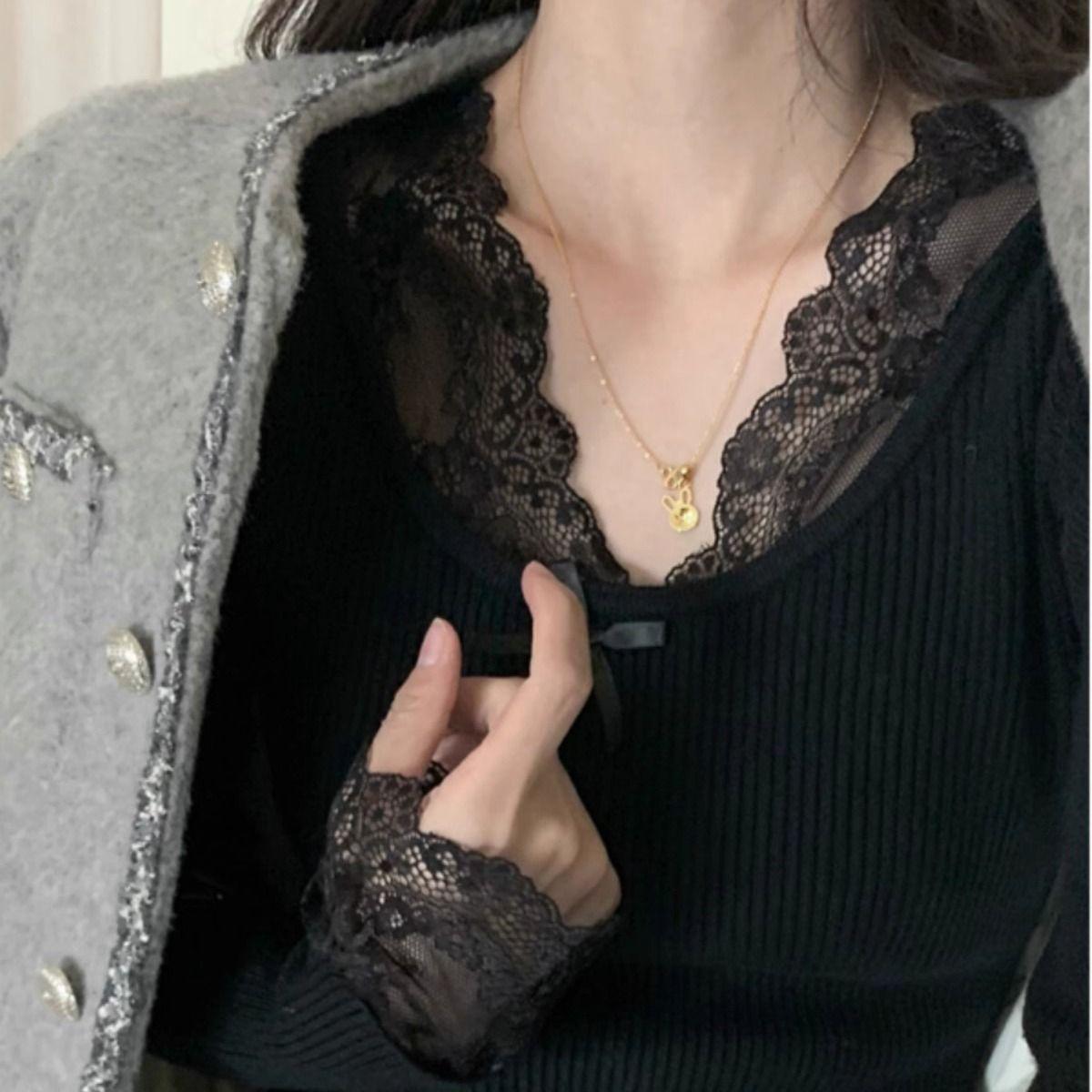 

Белый трикотажный топ с длинными рукавами и кружевной вставкой пэчворк для женщин - Элегантный облегающий крой для весны и осени One size чёрный