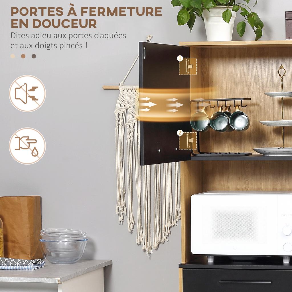 Meuble de cuisine multi-rangement avec tiroir, 3 portes, 4 niches et passe-câbles, hauteur 180 cm, noir et bois naturel