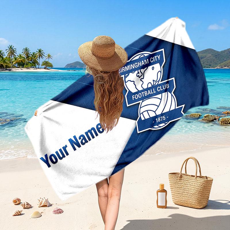 BIRMINGHAM CITY Benutzerdefiniertes Strandtuch, Personalisierter Name Text Druck, Fußball Logo Weiches Schnelltrocknendes Handtuch Urlaubsgeschenk