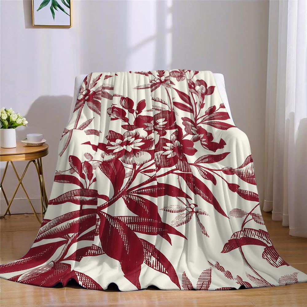 Cream red flower Flannel Blanket Warm Soft Halloween Christmas Couch Warm Cozy Decorative Decor Gift for All Season