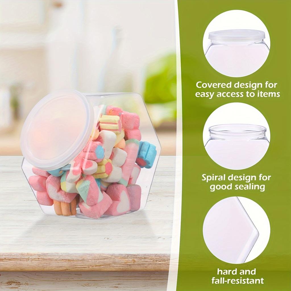 4pcs Hexagonal Plastic Candy Jar Clear Cookie Containers for Snacks Airtight Dry Goods Containers for Kitchen Pantry