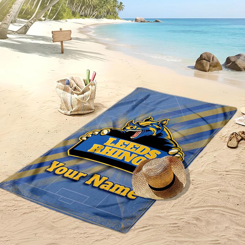 Asciugamano da Spiaggia Personalizzato Leeds Rhinos, Stampa il Tuo Nome Testo Asciugamano Leggero Assorbente per Nuoto Viaggio