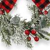 9" Mini Christmas Wreath Artificial Frosted Pine Wreath with Red Berry Buffalo Plaid Bow for Farmhouse Indoor Outdoor Kitchen Cabinet Decor