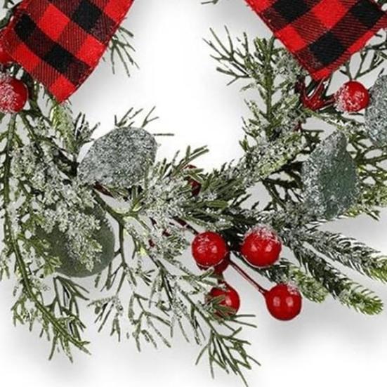 9" Mini Christmas Wreath Artificial Frosted Pine Wreath with Red Berry Buffalo Plaid Bow for Farmhouse Indoor Outdoor Kitchen Cabinet Decor