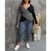 Women Plus Size Color Block Beaded Deep V Cross Long Sleeve Sweater