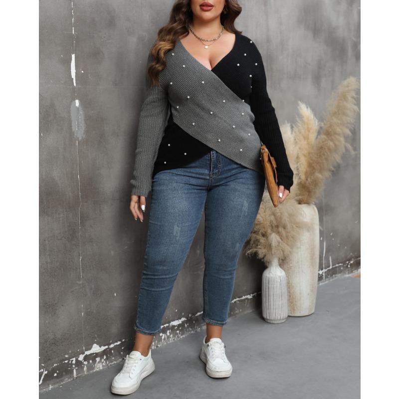 Women Plus Size Color Block Beaded Deep V Cross Long Sleeve Sweater