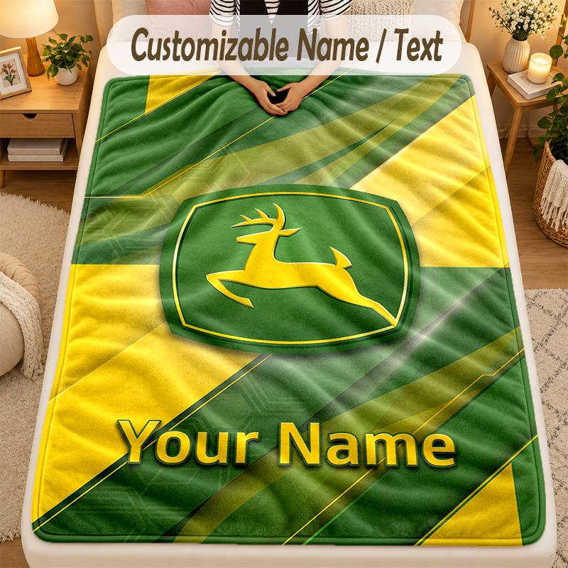 Flannel BlanketJohn Deere Custom Name Text Personalized Soft Warm Throw Blanket Home Decor Gift