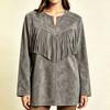 Women's Color Tassel Lapel Collar Long Sleeve Loose Fit Mid-Length Tunic Top