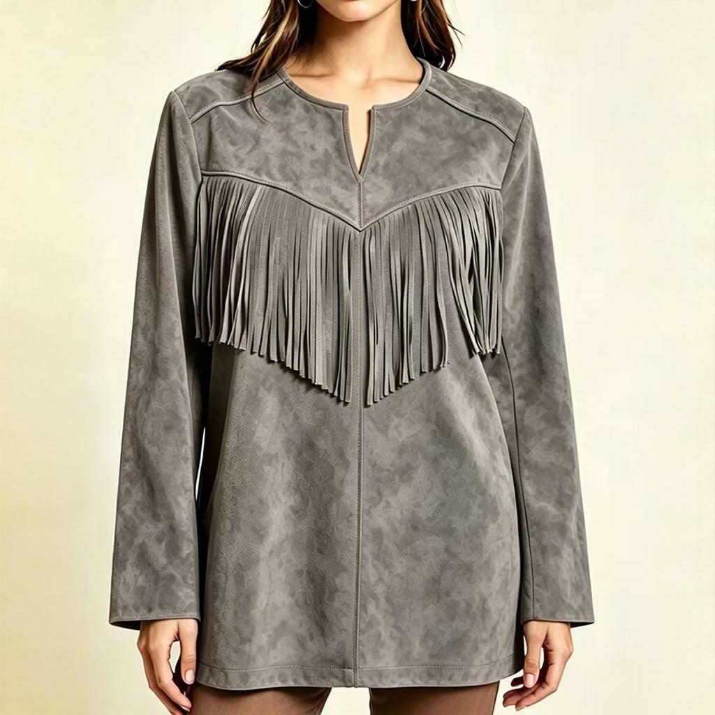 Women's Color Tassel Lapel Collar Long Sleeve Loose Fit Mid-Length Tunic Top