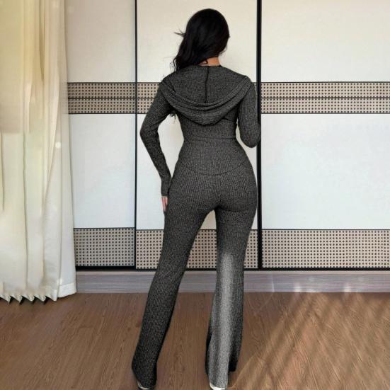 Damen 2-teilige Trainingsanzüge Reißverschluss Kapuzenpullover und Schlaghosen Gerippte Strick-Outfits Sexy Bodycon Workout-Trainingsanzüge