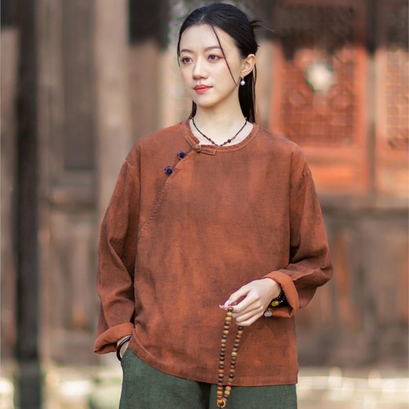 Johnature Dames Vintage T-shirts Lente Chinese Stijl Tie-dye T-shirts Ronde Hals Lange Mouw Dames T-shirts