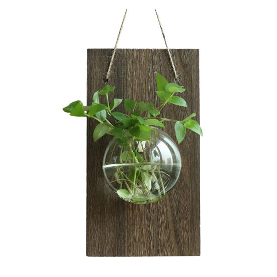 Yousheng Glass Wall Planter Hanging Vase with Wooden Board Oblate Flower Vase for Hydroponics Plants Flowers Home Office Decor