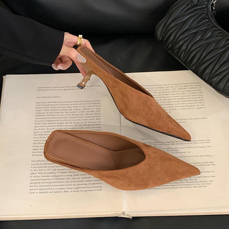 

Модная женская обувь Тонкие каблуки Сандалии Шлепанцы Туфли для женщин Мюли Модный острый носок Женские сандалии на среднем каблуке Тапочки Туфли 37 коричневый