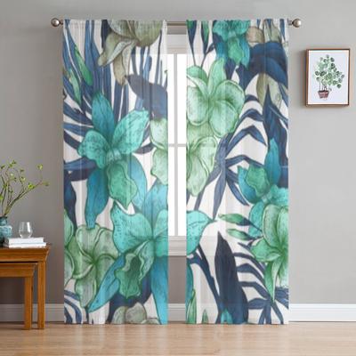 Cortinas Voil Transparentes Florais Tropicais Vintage para Sala de Estar Cortina de Janela de Tule Transparente Decoração de Quarto Cozinha Véu Cortinas