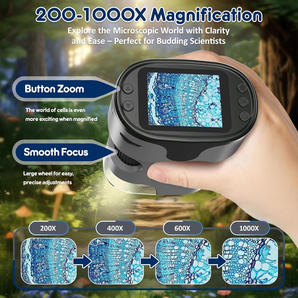 1000X Handheld Microscope for Kids 4K 2.0" Screen Rechargeable Mini Pocket Digital Microscopes w/Slides Kit Portable Edu Gift Age 4-6 8-12 Children