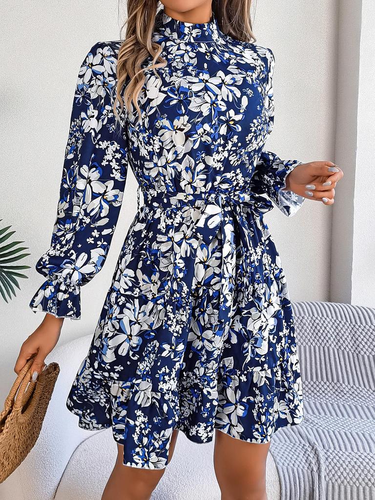 Elegantes A-Linien-Rüschenkleid mit floralem Muster, Stehkragen und tailliertem Bund für Herbst/Winter