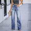 Damen-Jeans mit Taschen, hoher Taille, zerrissen, einfarbig, lange Hose, gerade Hose mit weitem Bein für den täglichen Weg zur Arbeit