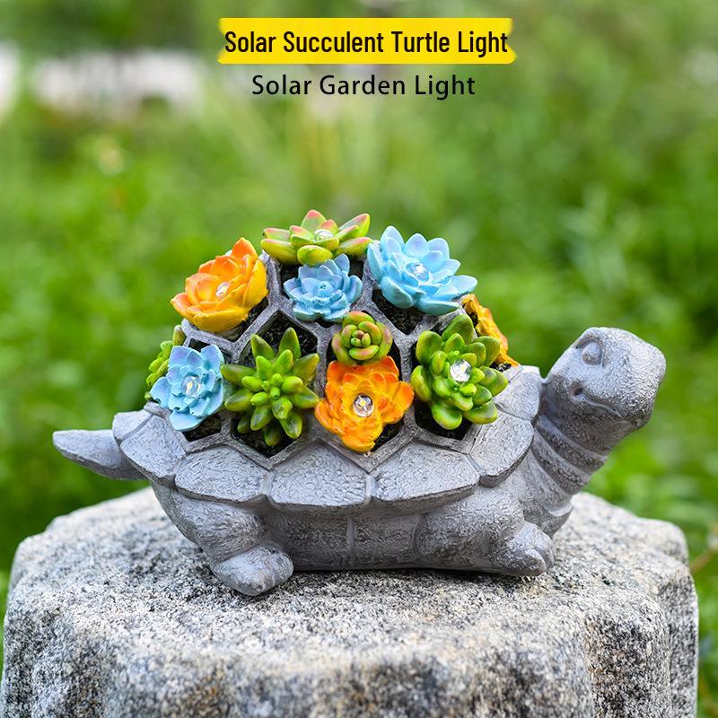 Solar-Powered Resin Succulent Turtle Garden Statue with LED Lights