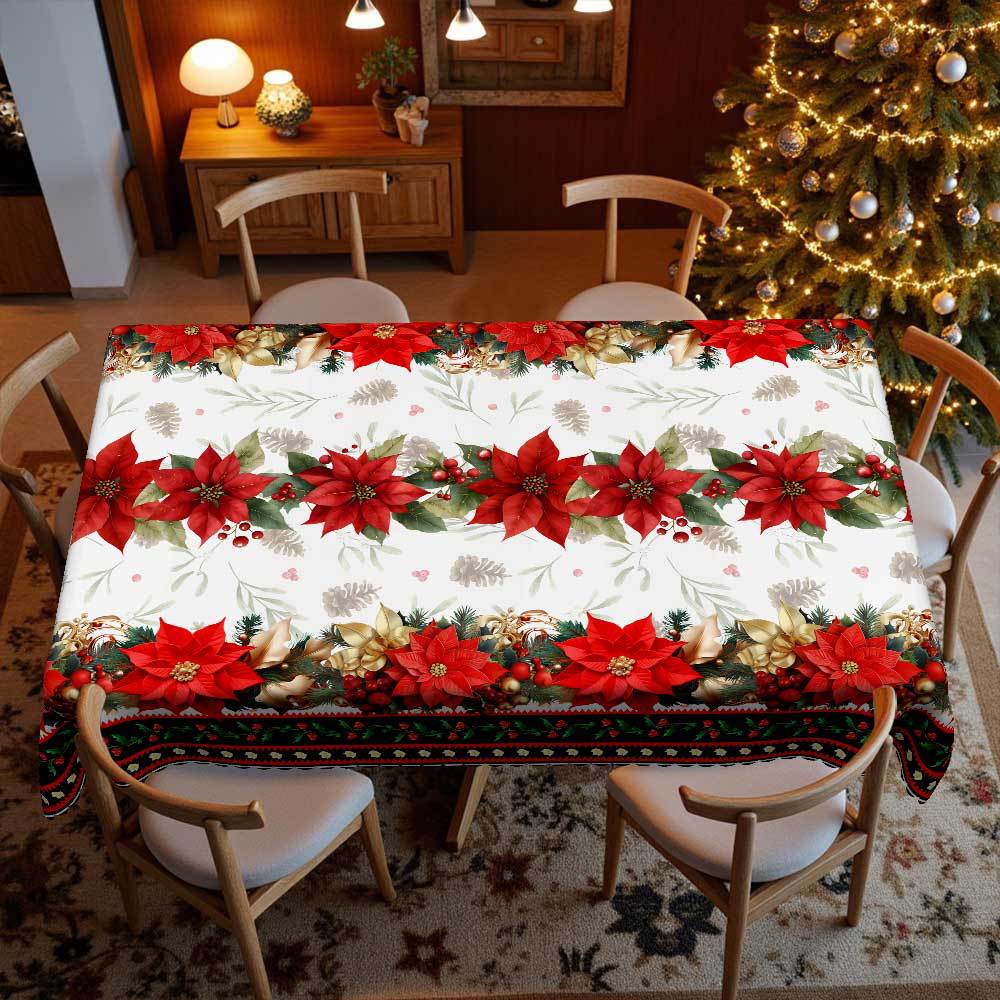 Christmas Round Table Cloth, Red Flowers, Pine Cones, Berries, Wavy Edge Round Table Tablecloth Retro