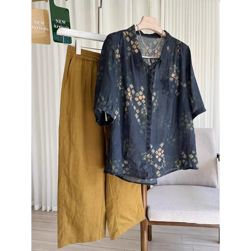 

Korean Plus Size Retro Elegant Mom s Top & Cotton Linen Pants Summer Set XL