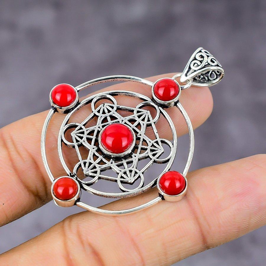 Natural Italian Red Coral Gemstone 925 Sterling Silver Pendant 2.17" K6Y23
