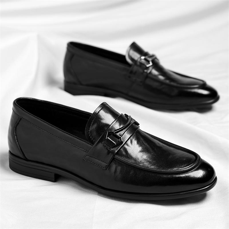 Fashion New Men's Solid -Color Casual Leather Loafers Comfortable Metal - Decorated Business Office Shoe Fashionable Wedding Party Shoes