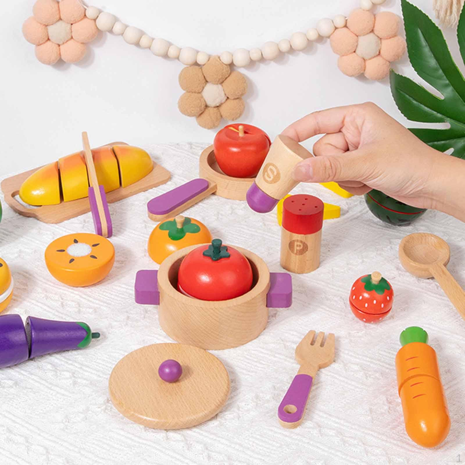Wooden Play Food Playset,Home Party Pretend Kitchen Accessories Fruit Veggies Cutting
