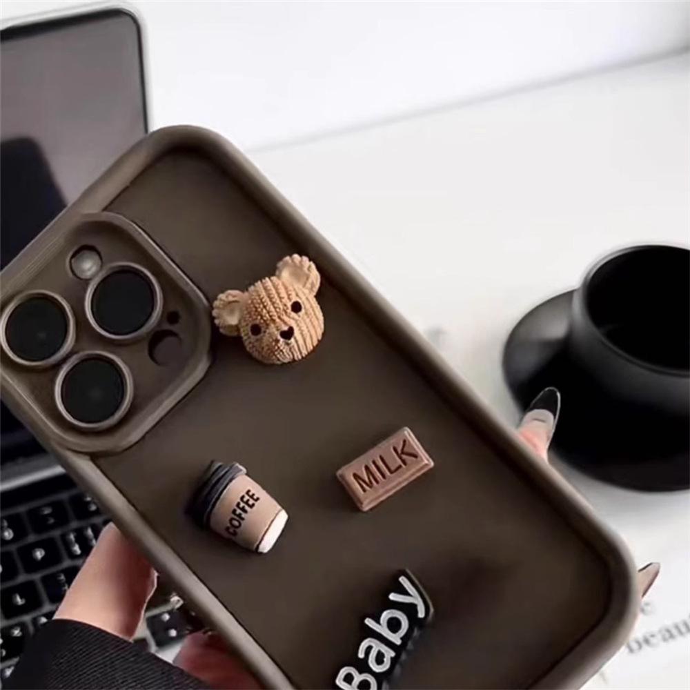 Women's 3D Coffee Bear iPhone Case - Compatible with iPhone 12/13 Pro Max/14, Soft Cartoon Shell