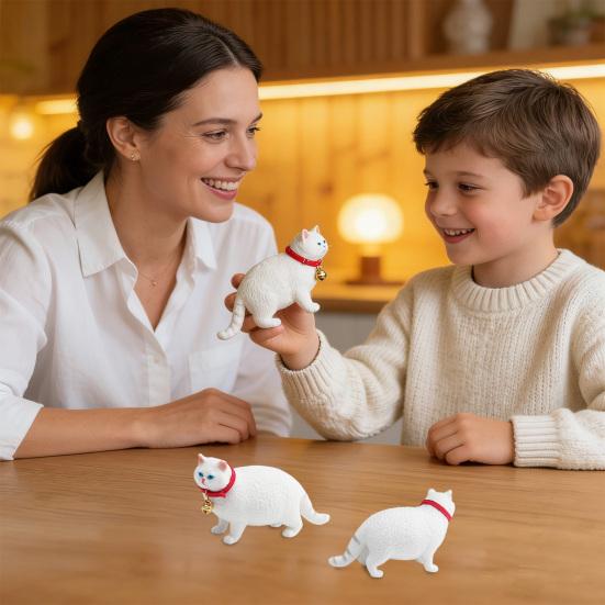 White Fat Cat Figurine Lifelike Red Bell Collar Kitten Collectible Model Miniature Animal Educational Toy Decoration Cats Lover Gift
