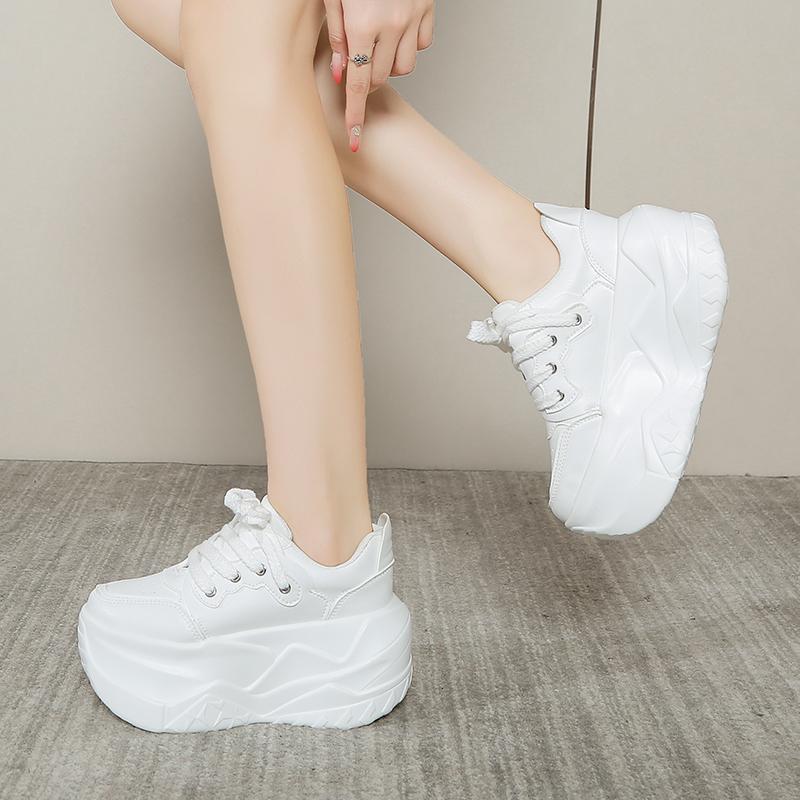 Fashion 10CM Women's Autumn Thick Bottom Shoes Breathable Microfiber Leather Vulcanize Flat Platform Sneakers White Walking Shoes