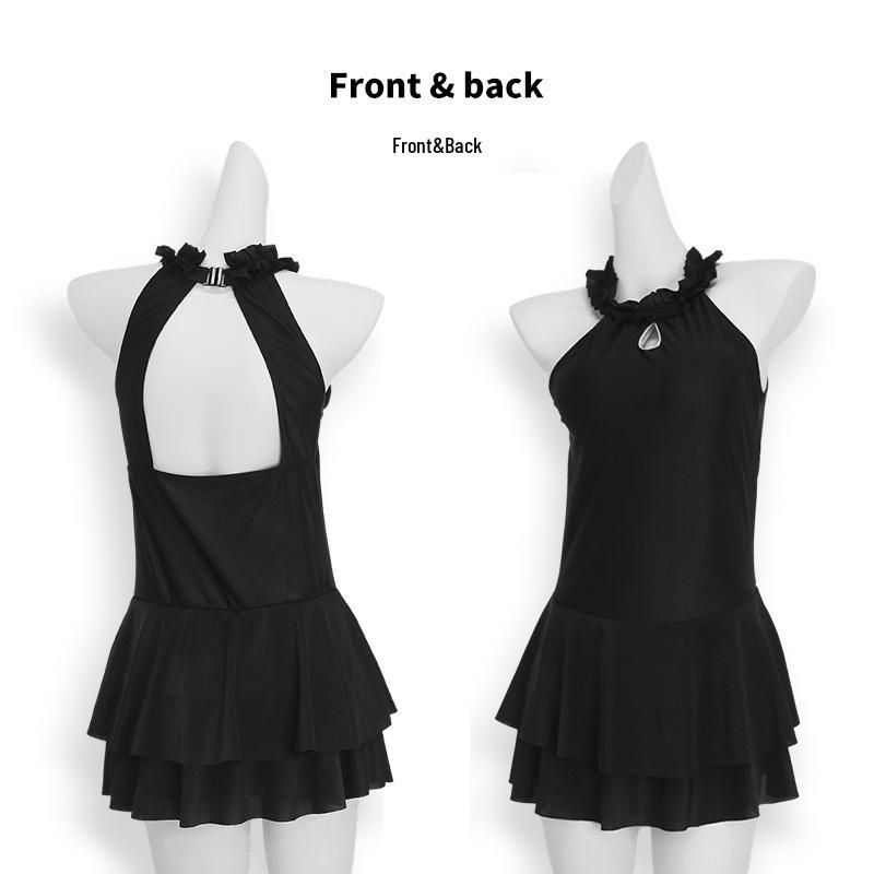 Women's Korean Style One-Piece Swimsuit - Black, Skirted, Backless, Slim Fit, Belly Covering