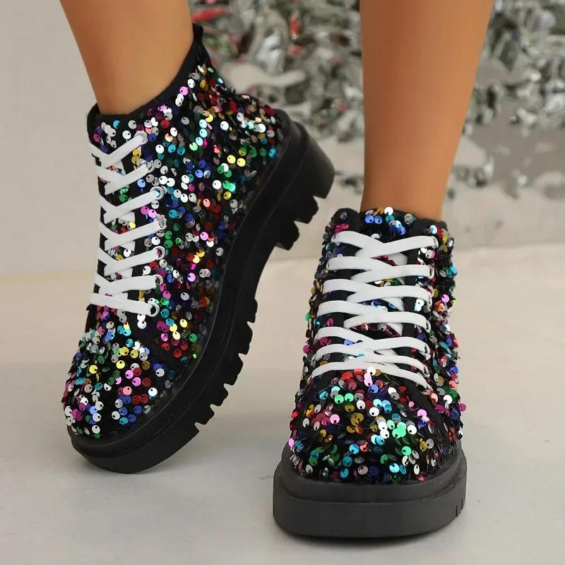 Fashion 2024 Ladies Shoes Autumn Ankle Women's Boots Platform Modern Boots Women Bling Round Toe Cross-tied Chunky Heels Shoes Women