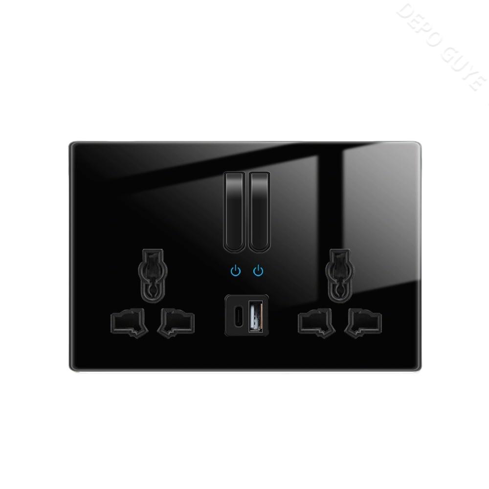 Luxury LED Indicator Light Switch Black Tempered Glass Piano Key Self-reset Wall switch,UK EU Universal USB C Electrical Socket