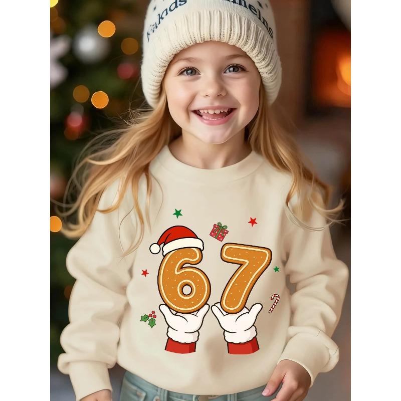 Kids Unisex Hot Crewneck Sweatshirt, Christmas Gingerbread 67 Santa Hand Gift Holly Print Pullover, Holiday Sweatshirt for Boys Girls Over 4 Years Old